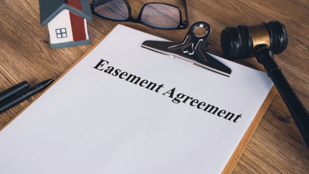 A clipboard that says Easement Agreement next to a gavel and glasses