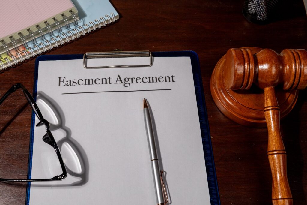 Glasses next to a clipboard that says easement agreement next to a gavel