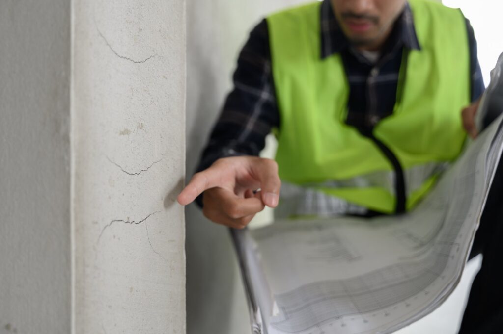 A person in a green vest pointing to cracks in the wall